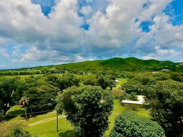 An aerial view shows a lush green landscape with trees, a grassy yard, and distant hills — 74 Et Al Lane, VI 00840, VI