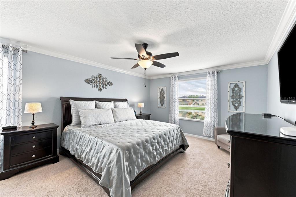 A bedroom features a dark wood bed frame, light blue walls, and a ceiling fan — 12335 BALLENTRAE FOREST DRIVE, RIVERVIEW, FL