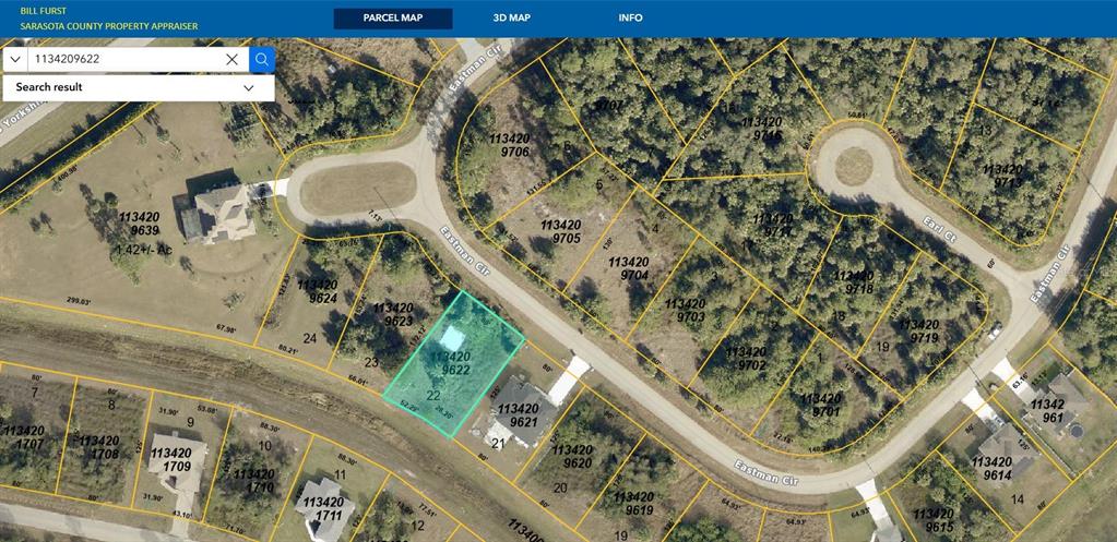 This is a satellite map showing property parcel boundaries and lot numbers in a residential area — Lot 22 EASTMAN CIRCLE, NORTH PORT, FL