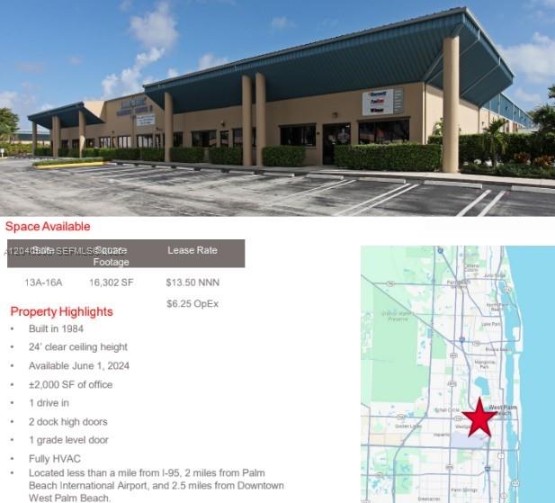 This image shows a commercial building exterior, property details, and a location map — 1500 N Florida Mango Rd # A, West Palm Beach FL 33409, WEST PALM BEACH, FL