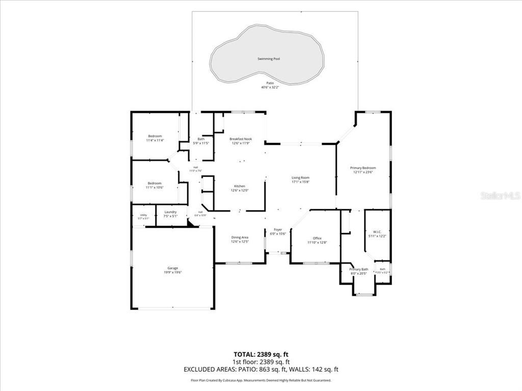 This is a floor plan for a single-story house featuring a swimming pool and patio — 5413 SE 107TH STREET, BELLEVIEW, FL