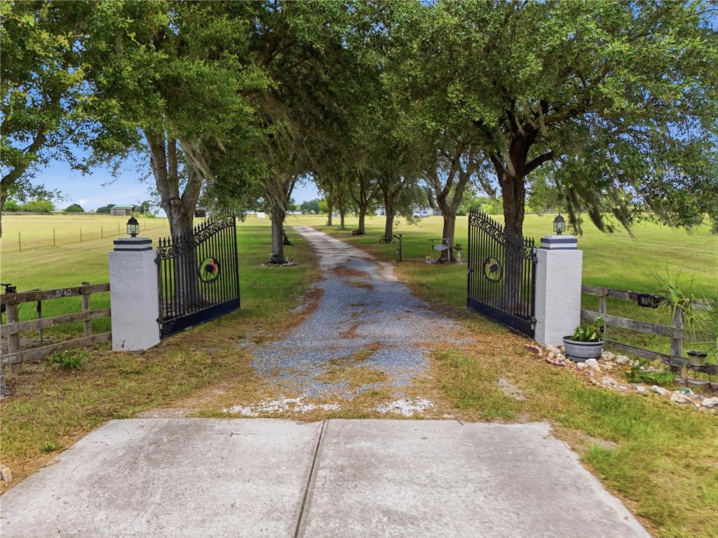 A gravel driveway leads through an open metal gate flanked by two white pillars — 11748 NE JACKSONVILLE ROAD, ANTHONY, FL