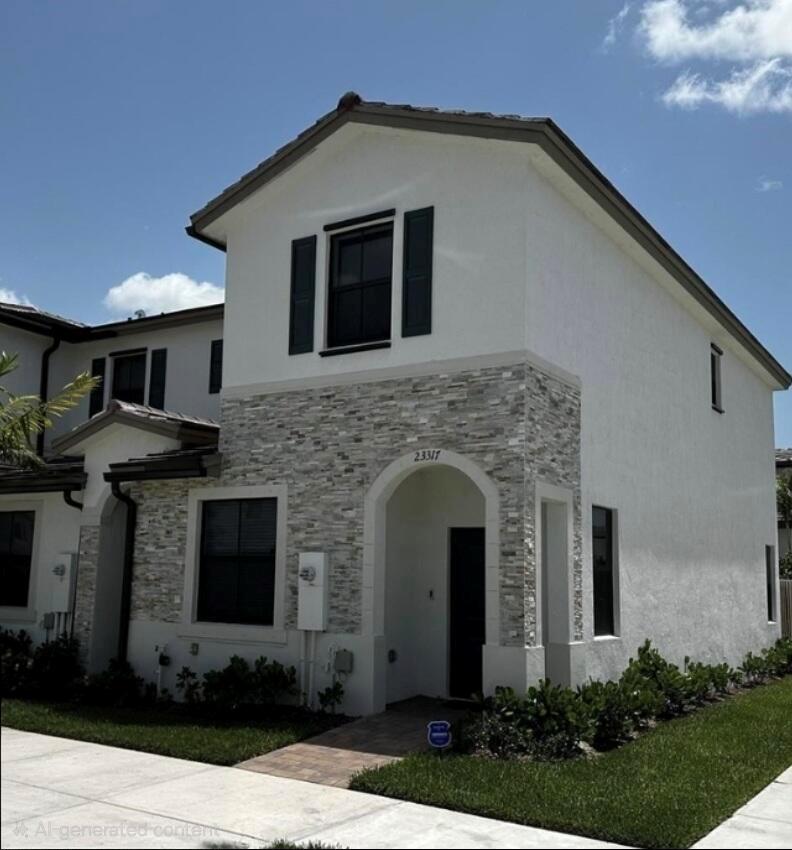 This is an AI-generated rendering of a two-story house with white stucco and stone veneer — 23317 SW 129th Path, Homestead FL 33032, HOMESTEAD, FL
