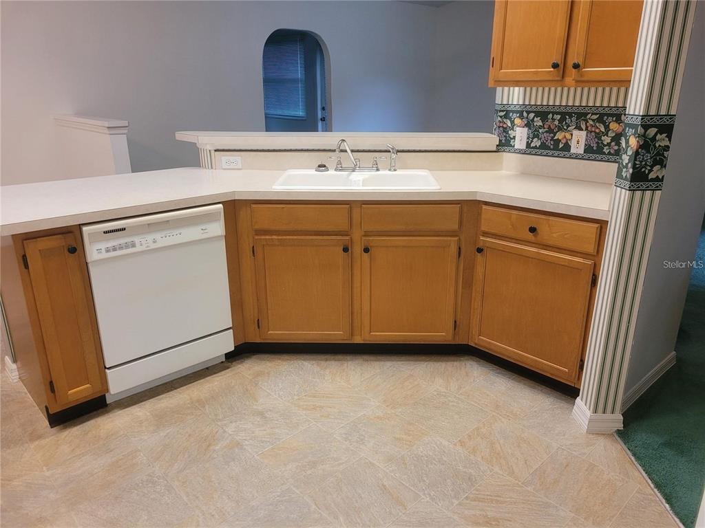 A kitchen features wood cabinets, a white dishwasher, a double sink, and patterned wallpaper — 6087 KITTIWAKE DRIVE, LAKELAND, FL