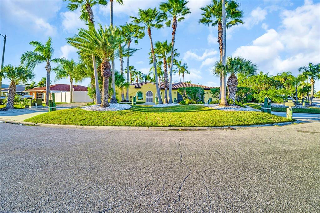 A yellow house with a tile roof sits behind a circular lawn and palm trees — 4951 GALLEON COURT, NEW PORT RICHEY, FL