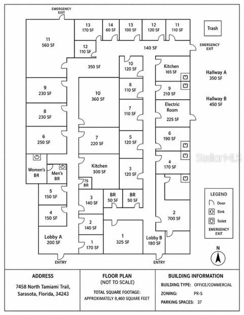 This is a floor plan for a commercial building showing multiple offices, kitchens, and restrooms — 7458 N TAMIAMI TRAIL, SARASOTA, FL