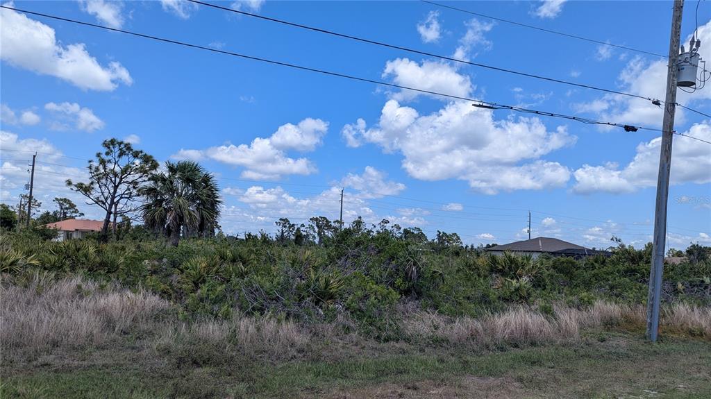 A vacant, overgrown lot features scattered trees and shrubs under a blue sky with clouds — 13474 ABUTILON LANE, PORT CHARLOTTE, FL