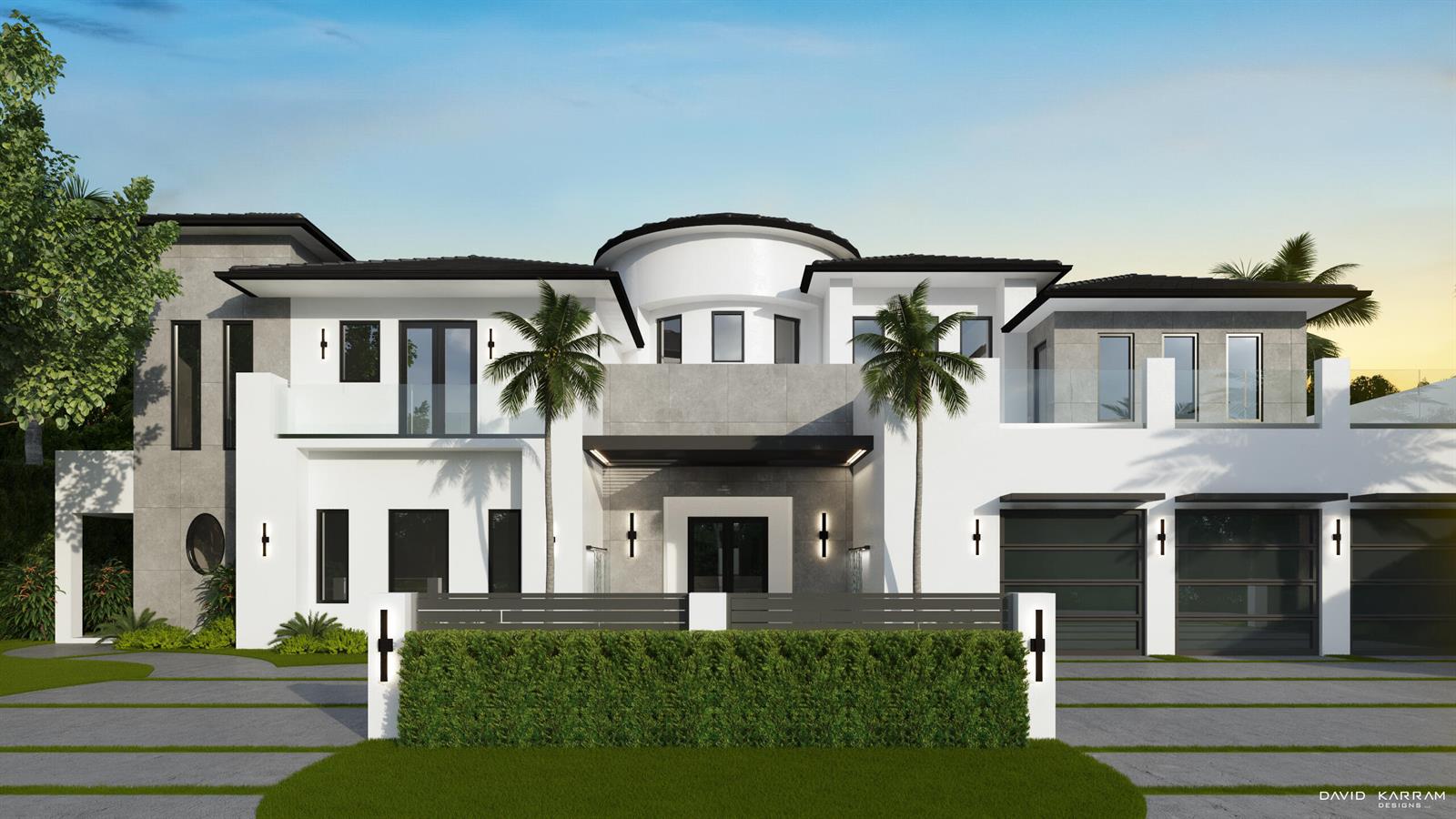 A rendering of a modern two-story luxury home with a white facade and gray accents — 419 E Coconut Palm Road, Boca Raton FL 33432, BOCA RATON, FL
