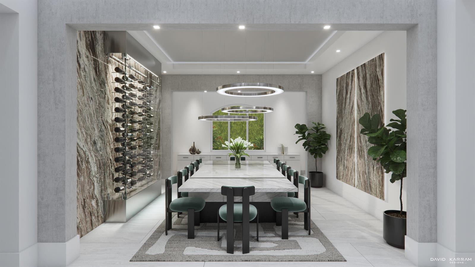 This rendering shows a modern dining room with a marble table, wine wall, and chandeliers — 419 E Coconut Palm Road, Boca Raton FL 33432, BOCA RATON, FL