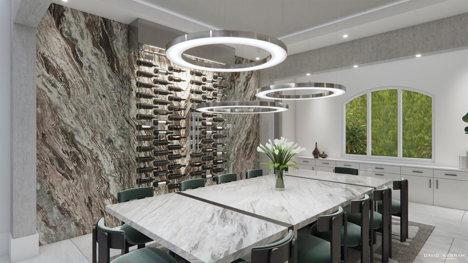 This rendering shows a dining room with a marble accent wall, wine rack, and ring lights — 419 E Coconut Palm Road, Boca Raton FL 33432, BOCA RATON, FL