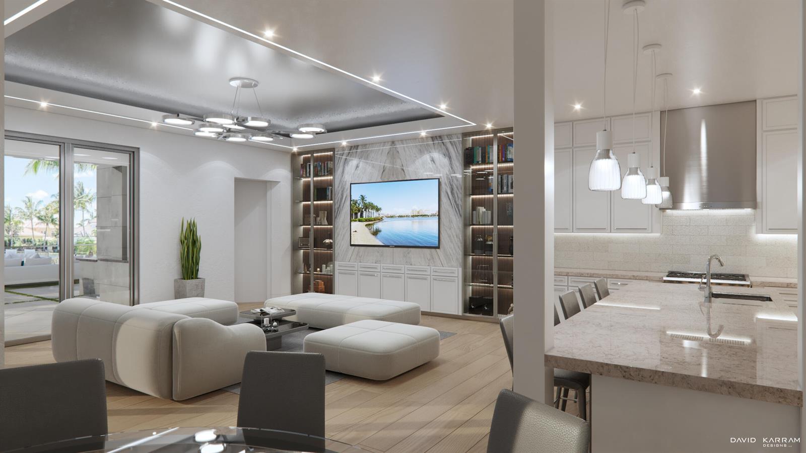 This rendering shows an open-concept living room and kitchen with marble accents and modern lighting — 419 E Coconut Palm Road, Boca Raton FL 33432, BOCA RATON, FL