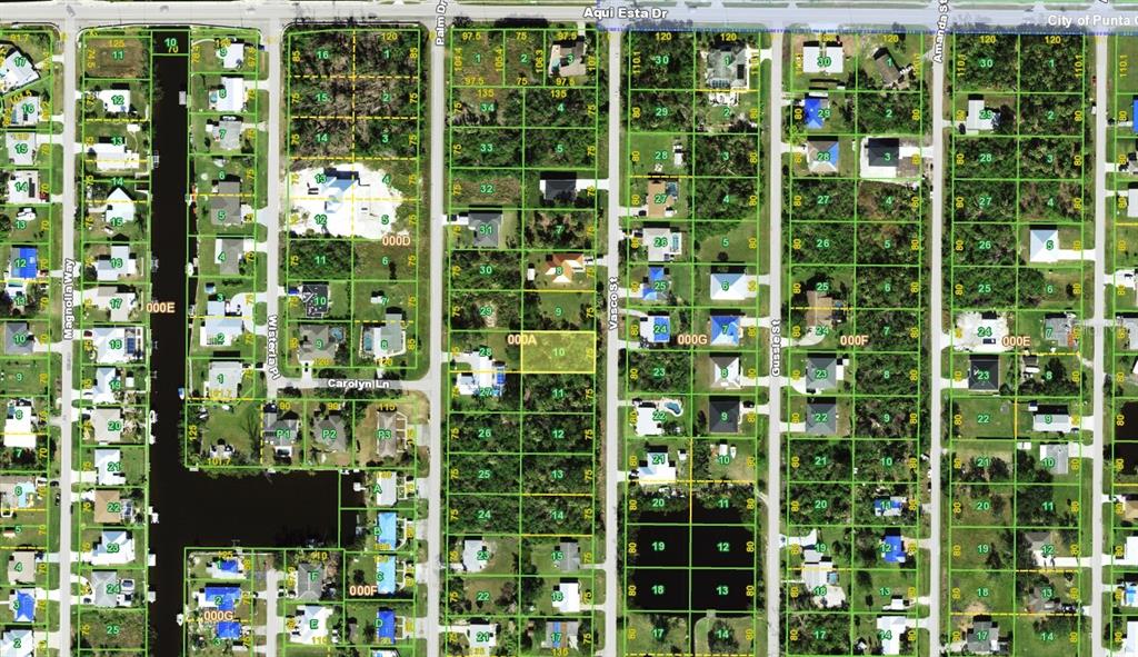 This is a satellite map view of a residential neighborhood with plotted property lines — 3327 VASCO STREET, PUNTA GORDA, FL
