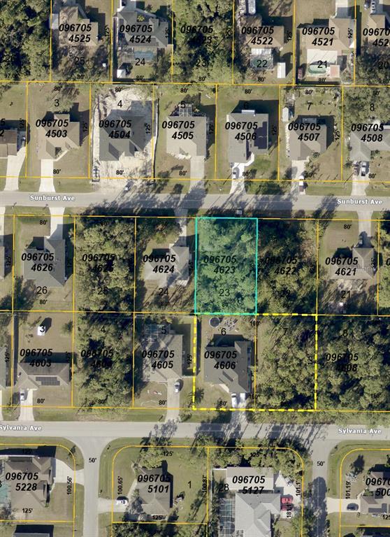 This is an aerial map showing residential lots and houses in a neighborhood — SUNBURST AVENUE, NORTH PORT, FL
