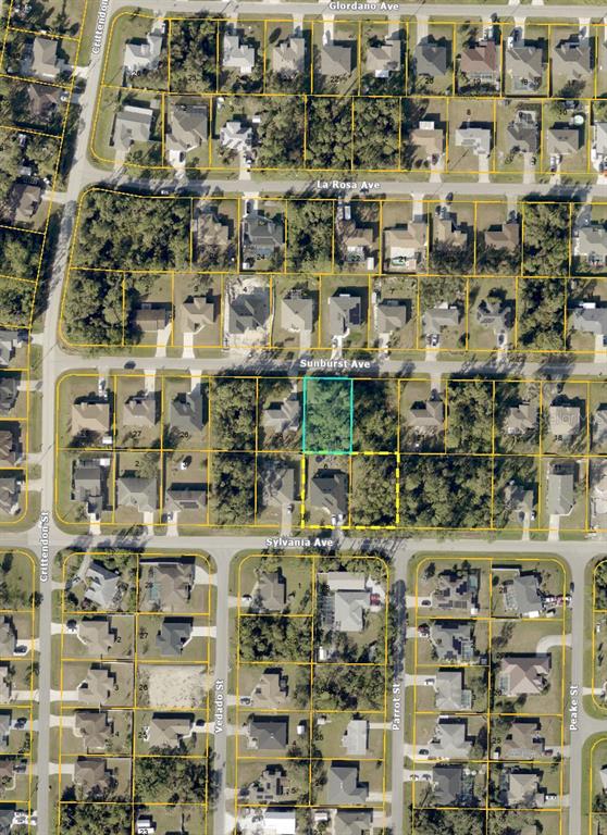 This is an aerial map showing residential lots and streets in a suburban neighborhood — SUNBURST AVENUE, NORTH PORT, FL