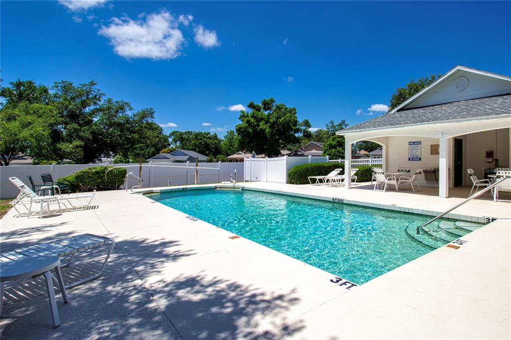 A rectangular swimming pool sits on a concrete deck next to a covered patio area — 12341 WOOD SAGE TERRACE, BRADENTON, FL