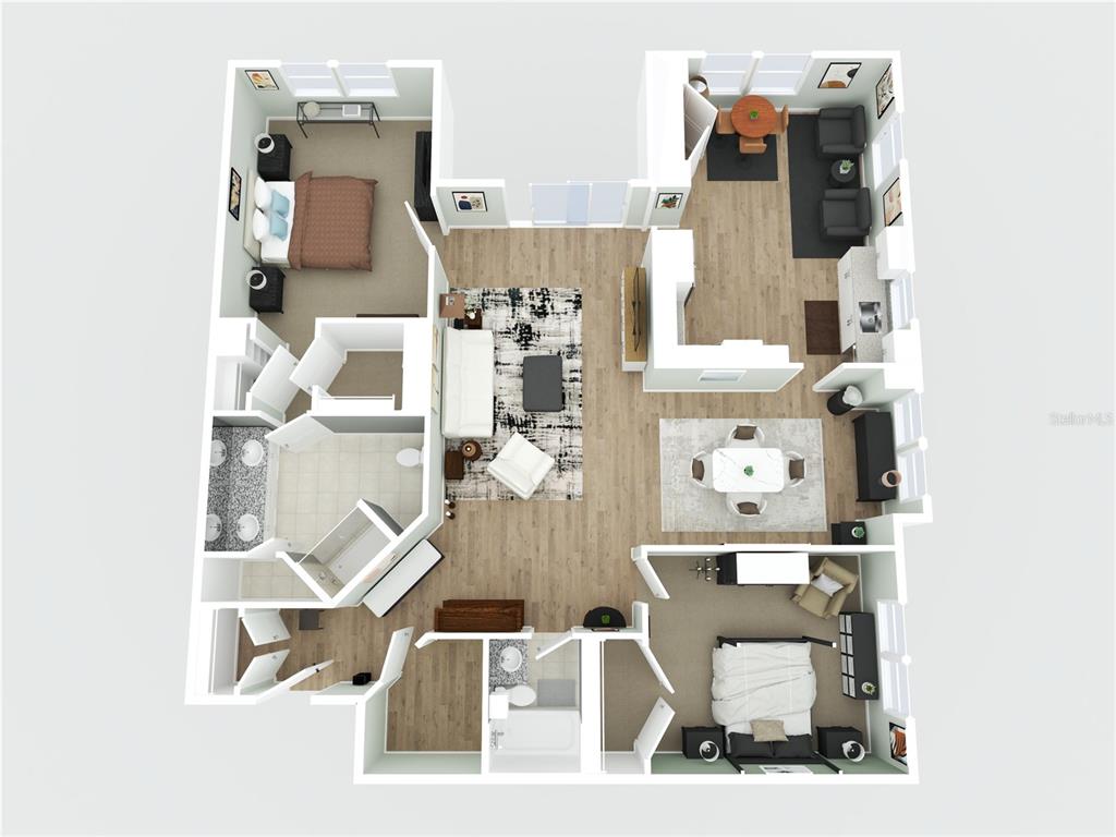 This is a 3D floor plan rendering of a two-bedroom apartment with an open layout — 7505 LAUREATE BOULEVARD UNIT 2206, ORLANDO, FL