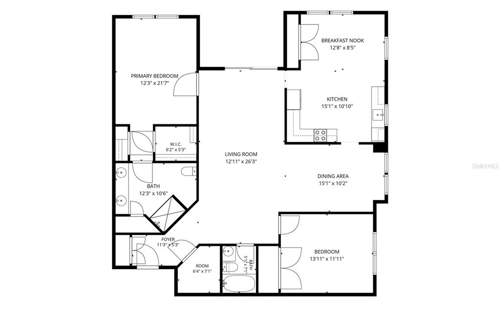 This is a floor plan showing a home with a primary suite, kitchen, and living area — 7505 LAUREATE BOULEVARD UNIT 2206, ORLANDO, FL