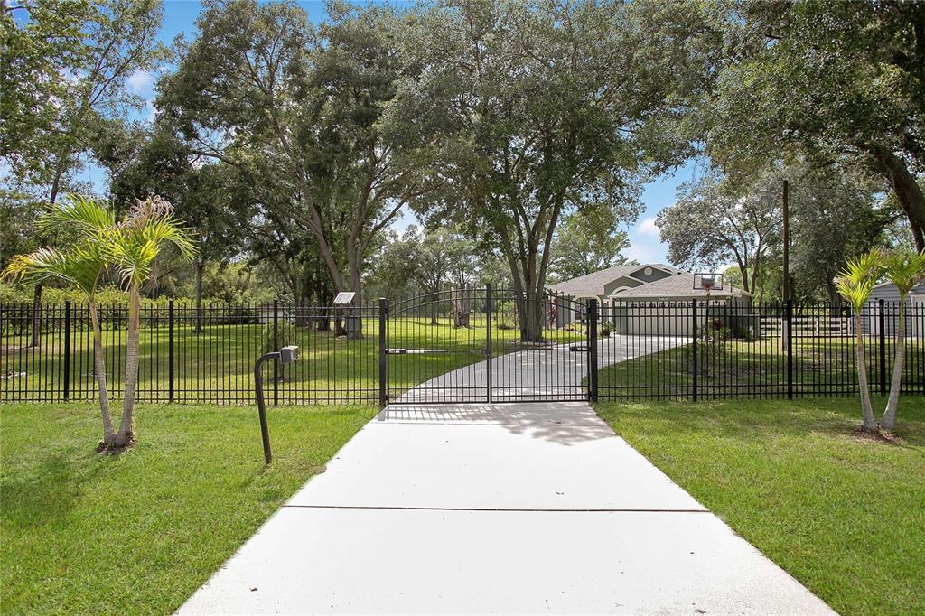 A concrete driveway leads to a gated entrance in front of a single-story house — 19616 LIVINGSTON AVENUE, LUTZ, FL