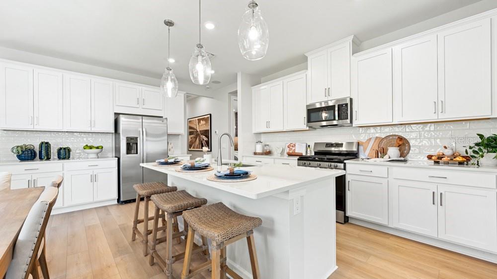 A modern kitchen features white cabinetry, a central island with bar stools, and stainless appliances — 26613 DOVE DRIVE, PUNTA GORDA, FL