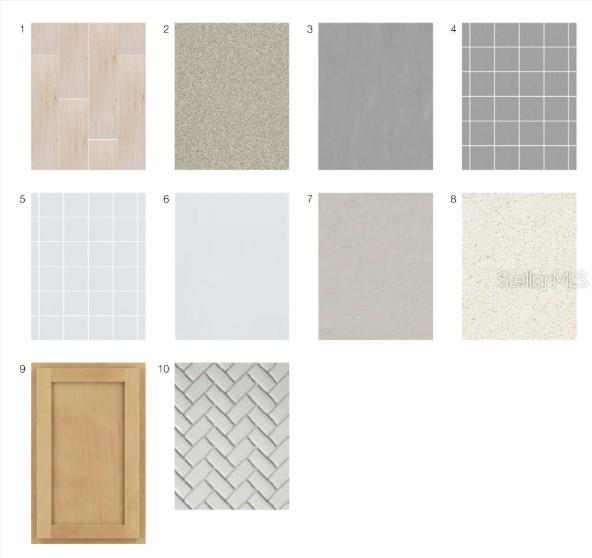 This image is a digital rendering showing ten different material and finish samples for home design — 5790 BINNACLE LANE, COCOA, FL