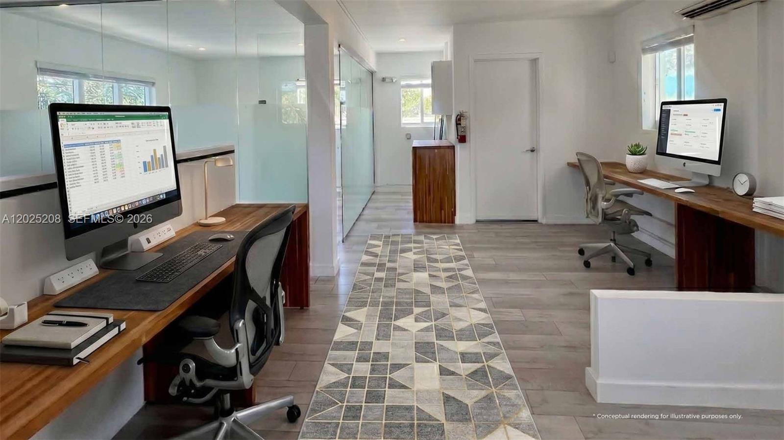 This conceptual rendering shows a modern office space with two desks and a patterned rug — 6320 Biscayne Blvd, Miami FL 33138, MIAMI, FL