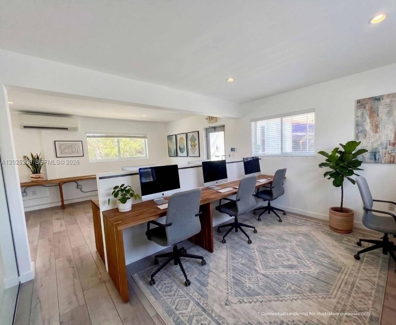 This is a conceptual rendering of a modern office space with three computer workstations — 6320 Biscayne Blvd, Miami FL 33138, MIAMI, FL