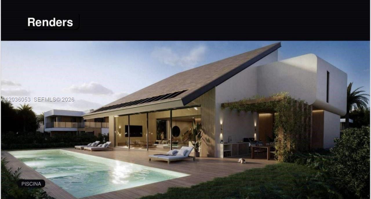This architectural rendering shows a modern house exterior with a pool and wooden deck — 0 marina # 0, FL