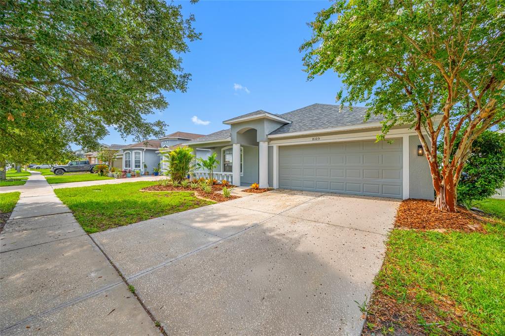 A single-story house with a gray garage, a concrete driveway, and trees in the front yard — 8105 WATER TOWER DRIVE, TAMPA, FL