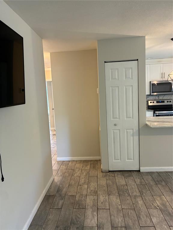 A hallway with wood-look tile flooring leads past a white bifold closet toward a kitchen — 618 4TH AVENUE NE, LARGO, FL