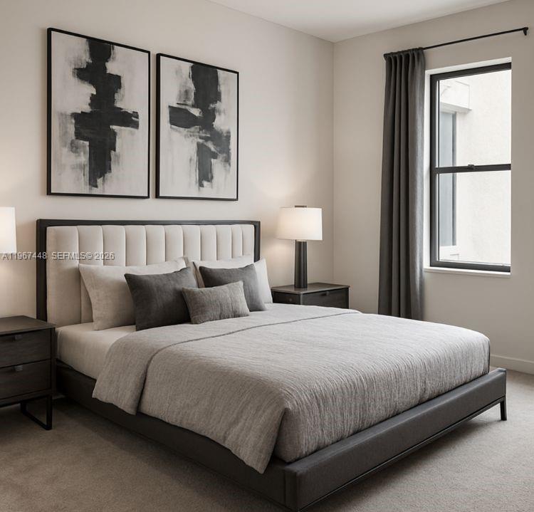 A modern bedroom features a tufted headboard, abstract wall art, and a large window — 20366 NW 4th Path, Miami Gardens FL 33169, MIAMI GARDENS, FL