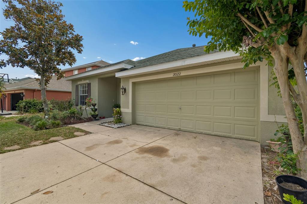 A single-story house with a light green exterior, a two-car garage, and a concrete driveway — 20122 NOB OAK AVENUE, TAMPA, FL