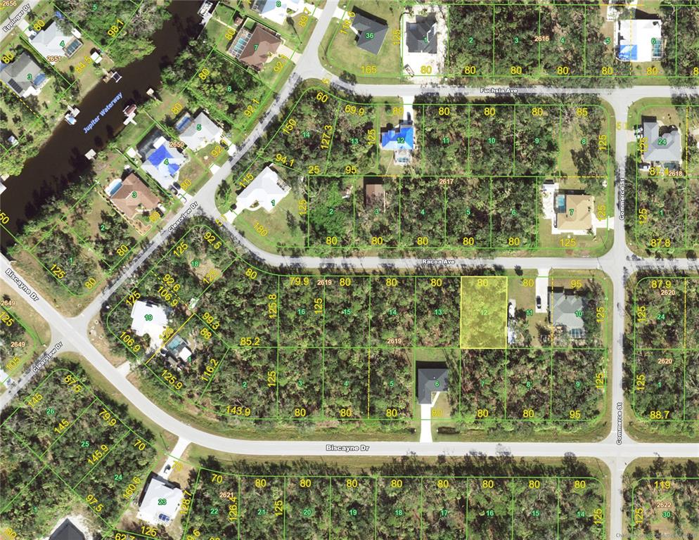 This is an aerial map showing residential lots and streets in a suburban neighborhood — 14379 RACOA AVENUE, PORT CHARLOTTE, FL
