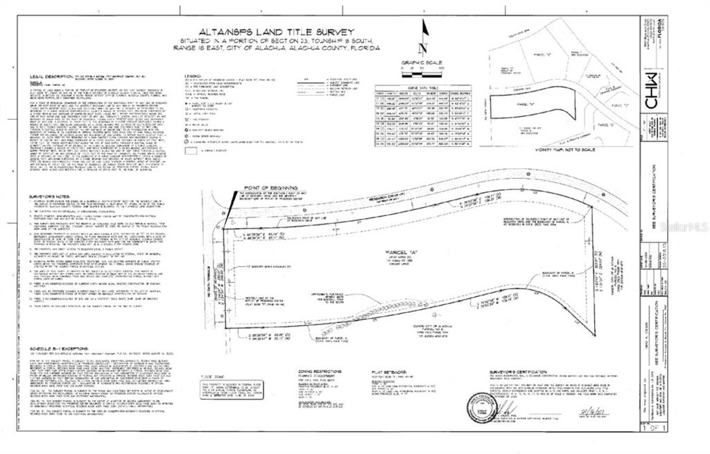 This is an ALTA/NSPS land title survey map showing the boundaries of Parcel A — RESEARCH DRIVE, ALACHUA, FL