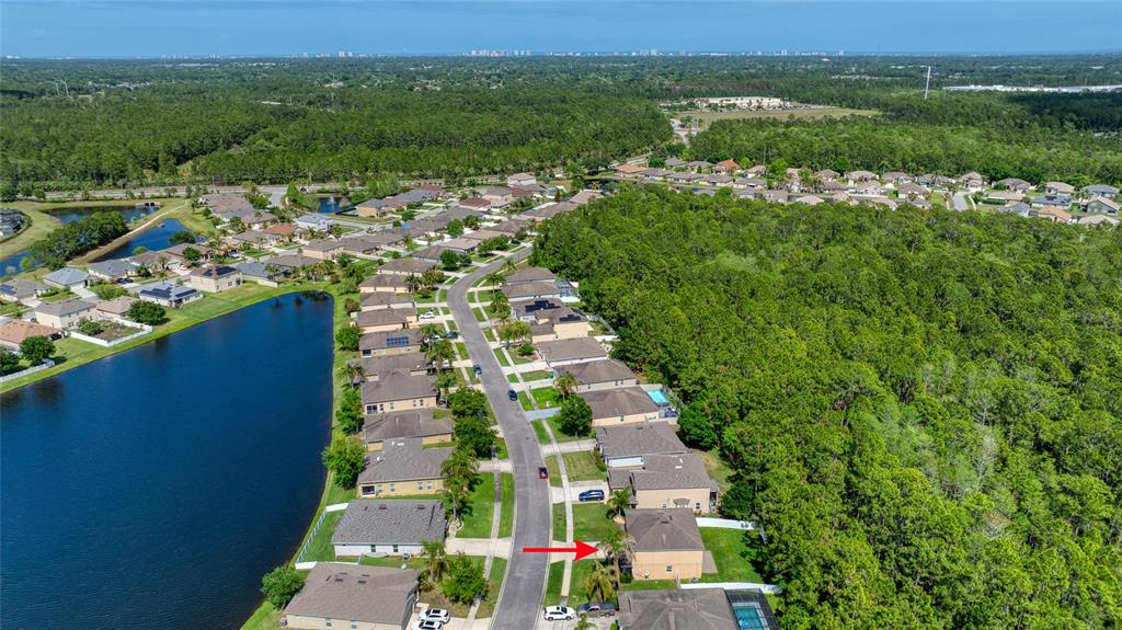 An aerial view shows a suburban neighborhood with houses bordering a lake and forest — 5266 PLANTATION HOME WAY, PORT ORANGE, FL