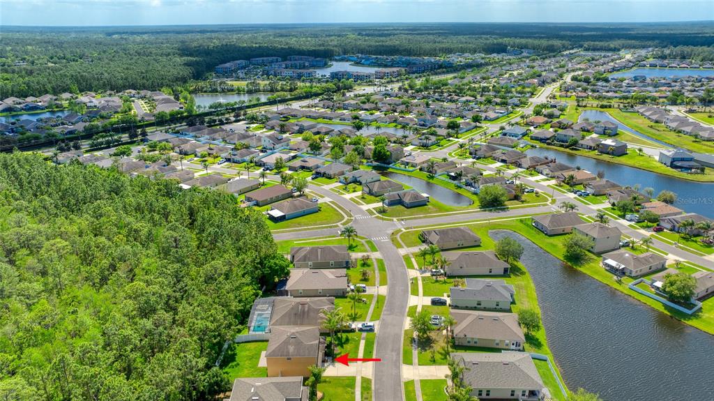An aerial view shows a suburban neighborhood with houses, a winding road, and retention ponds — 5266 PLANTATION HOME WAY, PORT ORANGE, FL