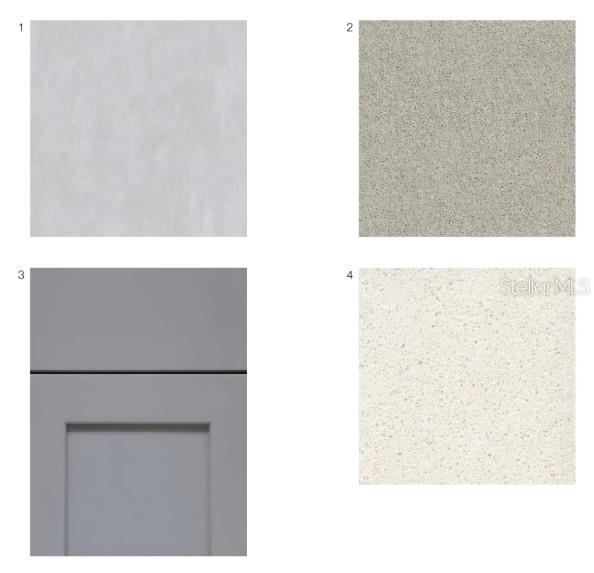 This is a digital rendering of four material samples including gray cabinetry and stone countertops — 10652 ORBIT TERRACE, SARASOTA, FL