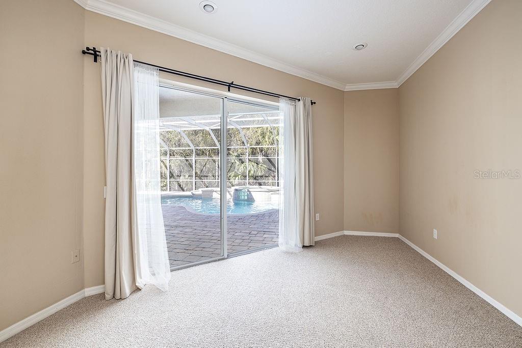 An empty room with beige carpet, neutral walls, and sliding glass doors overlooking a pool — 5028 ASHINGTON LANDING DRIVE, TAMPA, FL