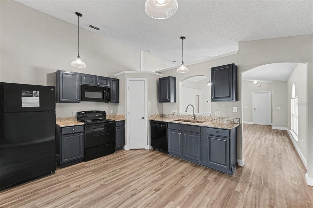 A kitchen features dark gray cabinets, granite countertops, black appliances, and light wood-look flooring — 104 ORION WAY, SANFORD, FL