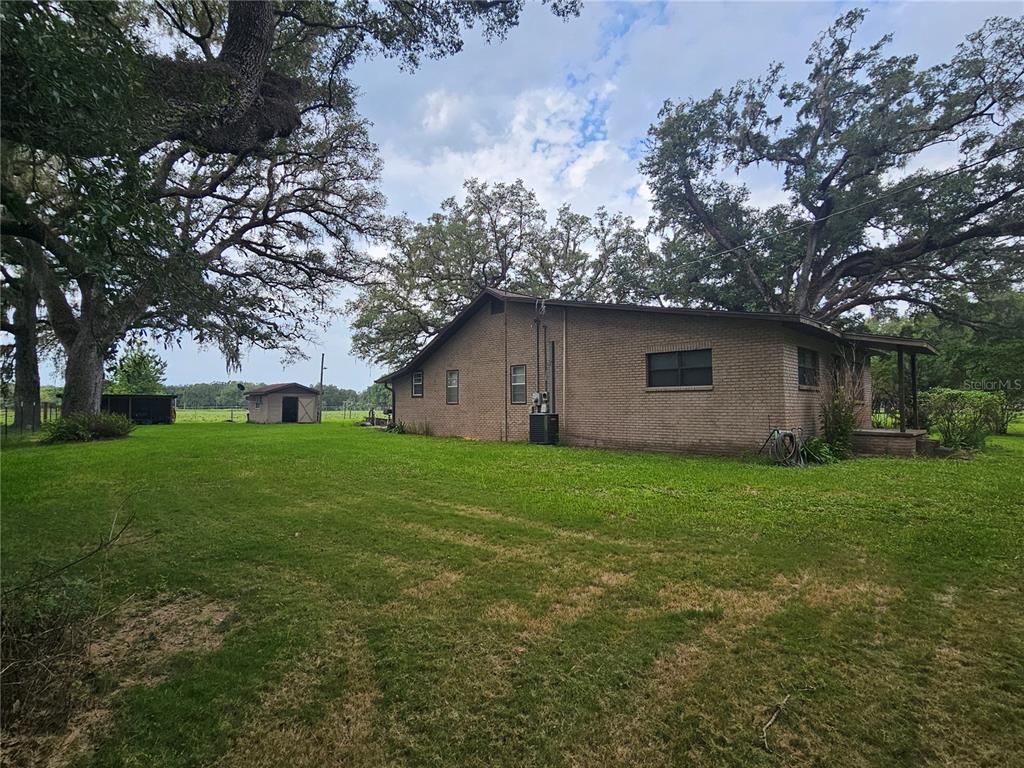 A side view of a single-story brick house with a large lawn and mature trees — 31110 HARTMAN ROAD, SAN ANTONIO, FL