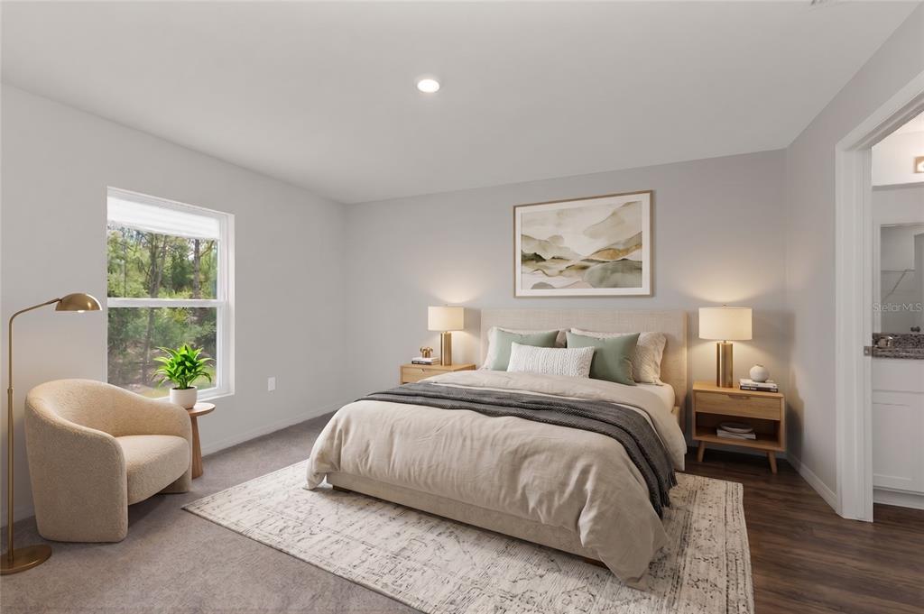 This is a digital rendering of a bedroom featuring a bed, chair, and side tables — 1040 SHERWIN STREET, PORT CHARLOTTE, FL