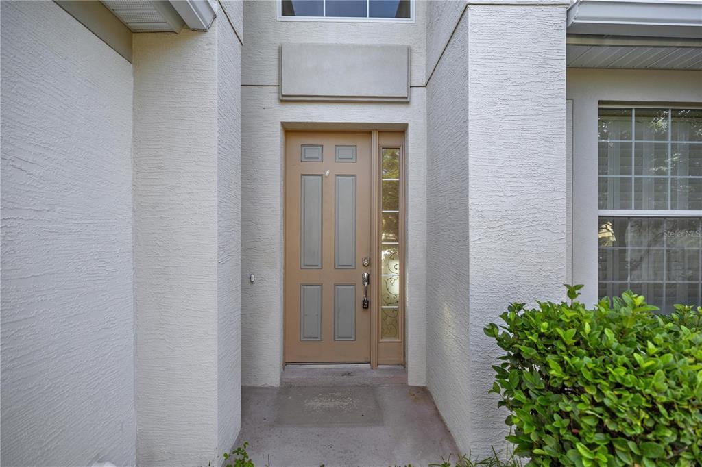 A tan front door with a side window is set within a stucco entryway — 4073 SW 47TH COURT, OCALA, FL