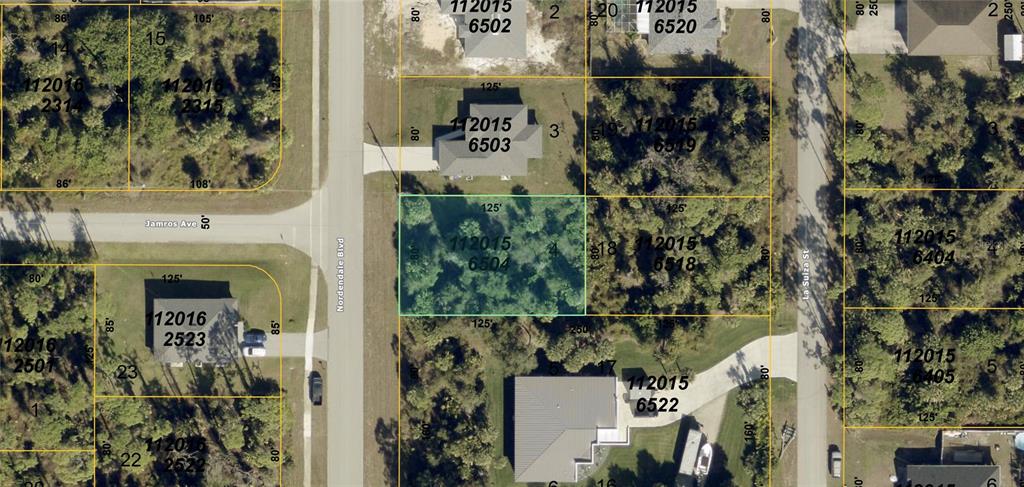 This is an aerial map showing a vacant lot highlighted in green among residential properties — NORDENDALE BOULEVARD, NORTH PORT, FL