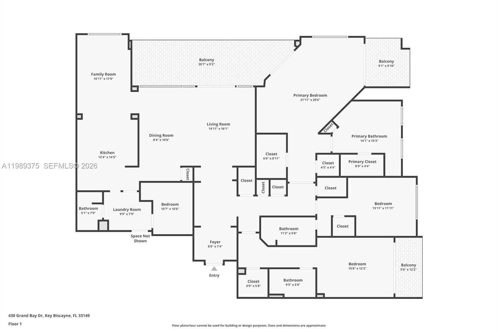 This is a floor plan for a multi-bedroom residential unit with three balconies — 430 Grand Bay Dr # 307, Key Biscayne FL 33149, KEY BISCAYNE, FL