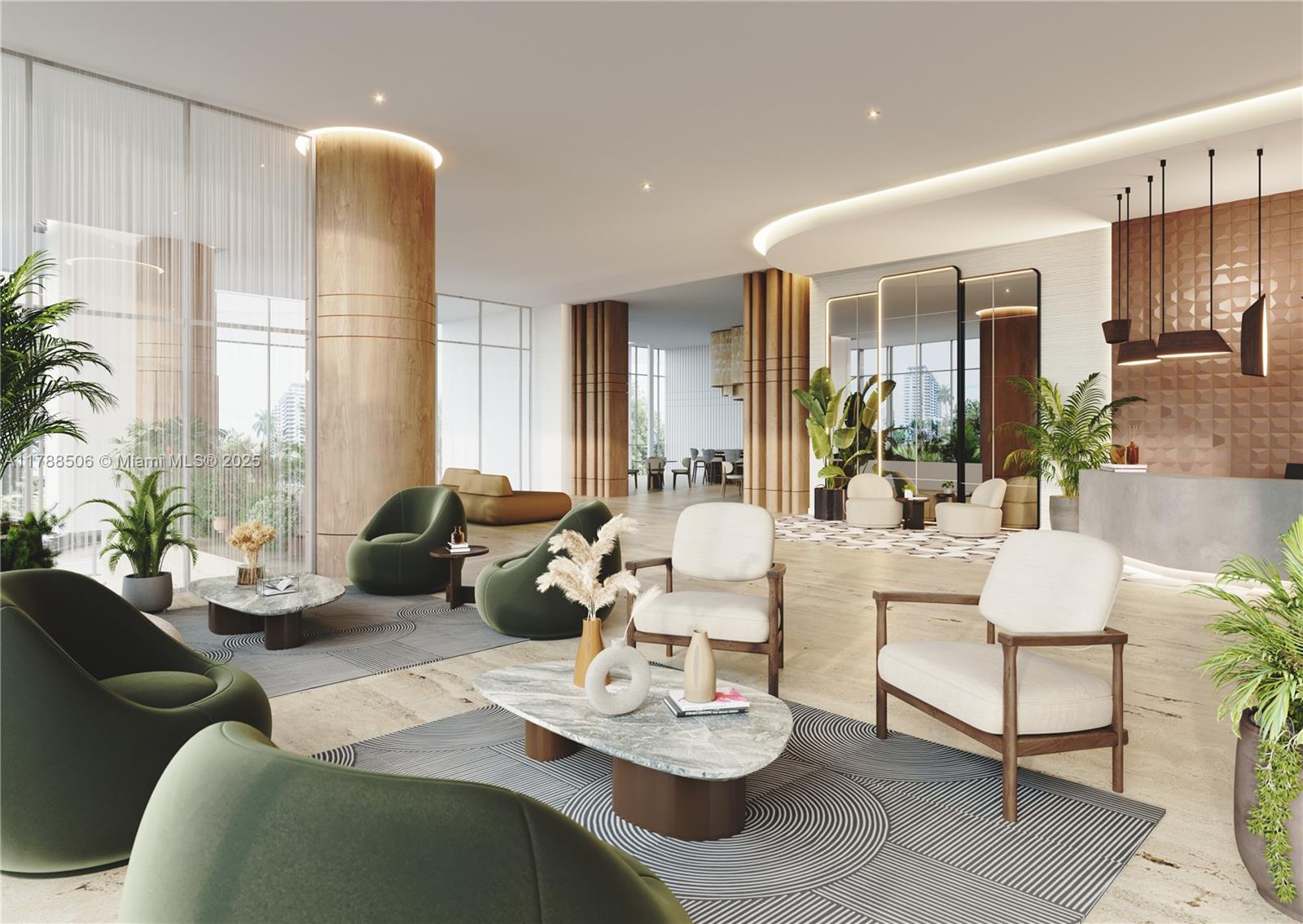 This rendering shows a modern lobby featuring green and white armchairs, marble tables, and wood-paneled columns — 1837 NE 4th Ave # 2004, Miami FL 33132, MIAMI, FL