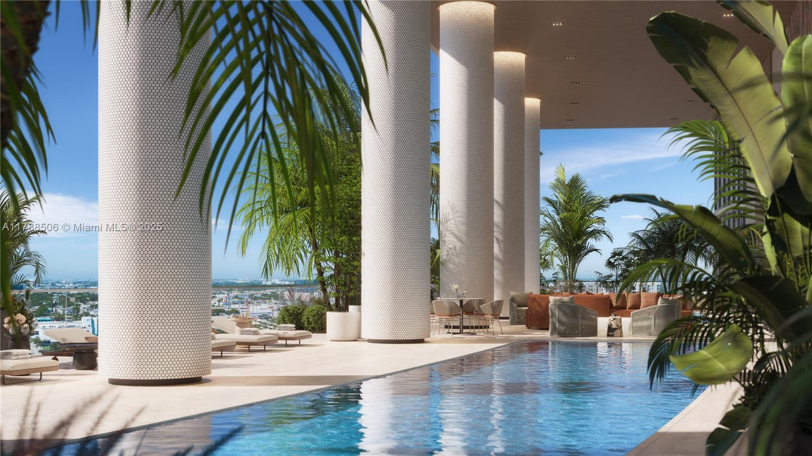 This architectural rendering shows a luxury outdoor pool deck with large columns and city views — 1837 NE 4th Ave # 2004, Miami FL 33132, MIAMI, FL