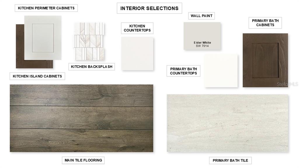 This interior design mood board displays samples of flooring, cabinetry, countertops, and wall paint — 7906 BON AIR WAY, PARRISH, FL