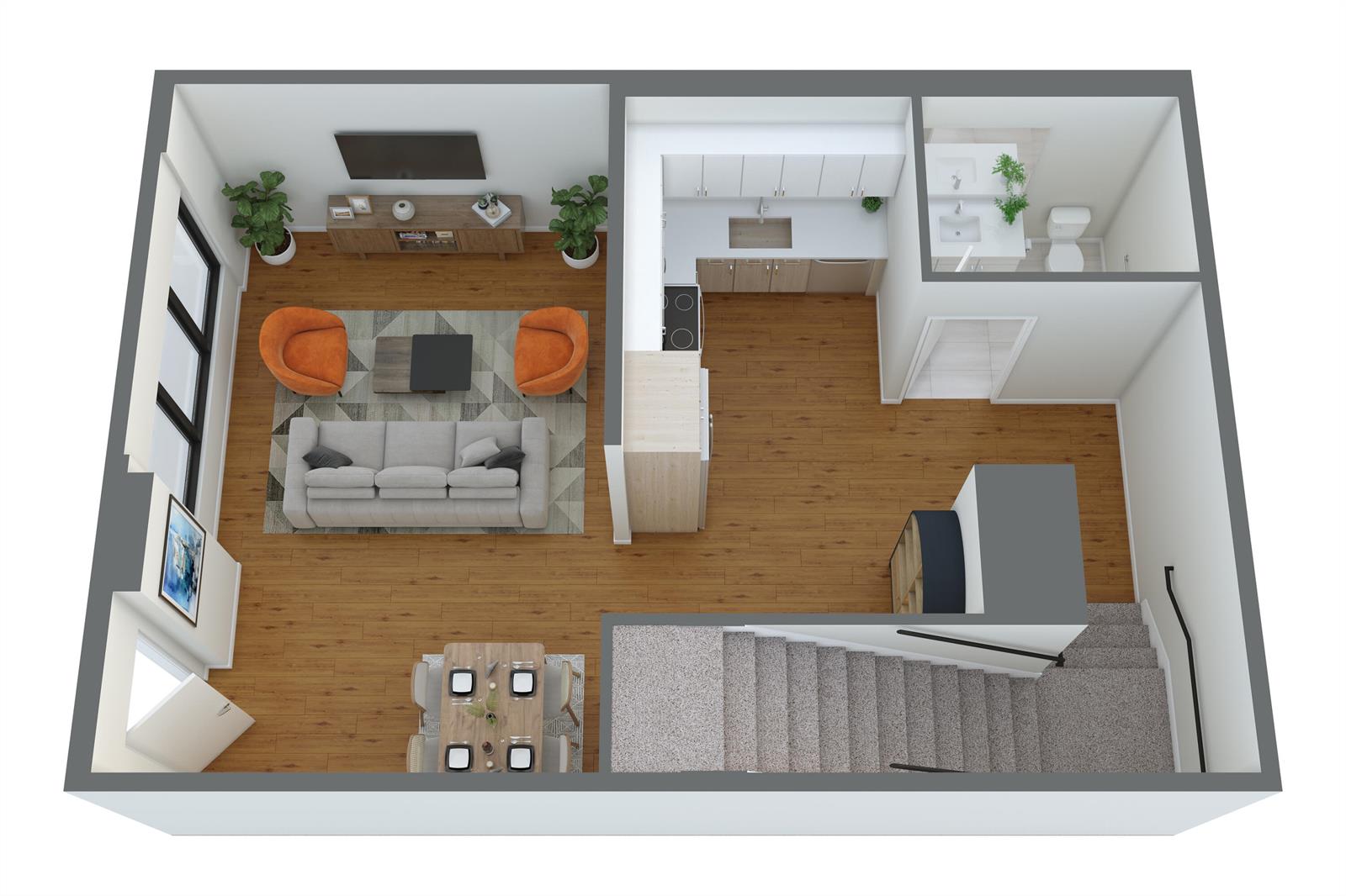 This 3D floor plan rendering shows an open-concept apartment with a living area and kitchen — 200 NE 1st Avenue # 109, Pompano Beach FL 33060, POMPANO BEACH, FL