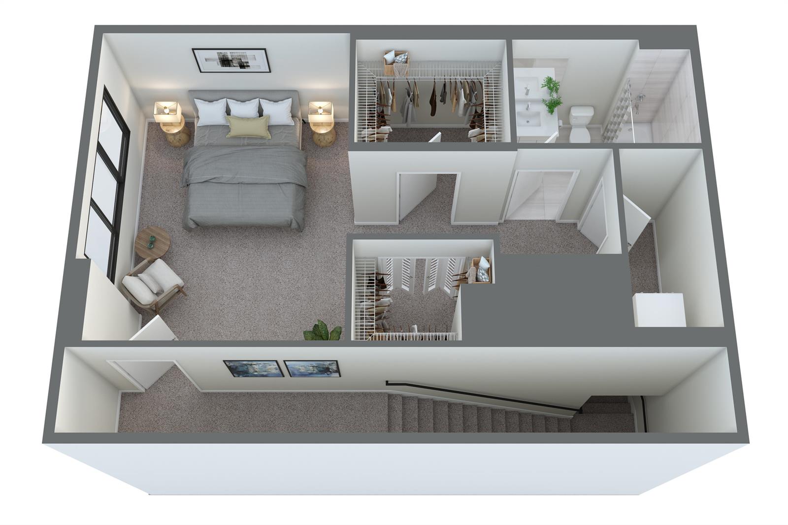 This 3D floor plan rendering shows a primary bedroom suite with two walk-in closets — 200 NE 1st Avenue # 109, Pompano Beach FL 33060, POMPANO BEACH, FL