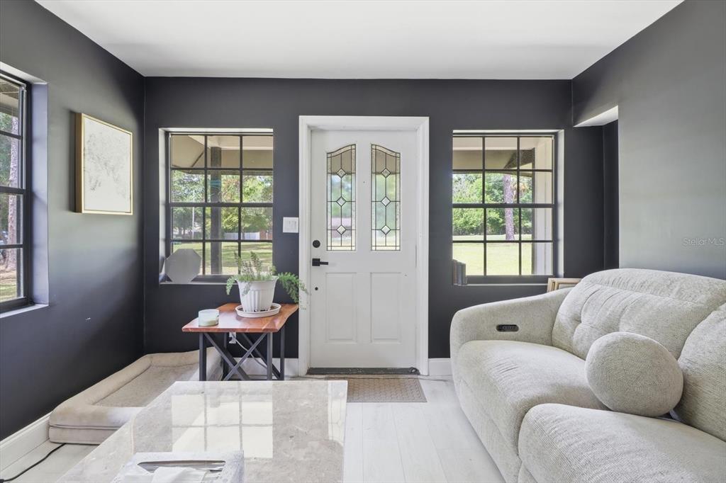 A living room features dark gray walls, white flooring, a white front door, and windows — 1019 S MILDRED AVENUE, BROOKSVILLE, FL