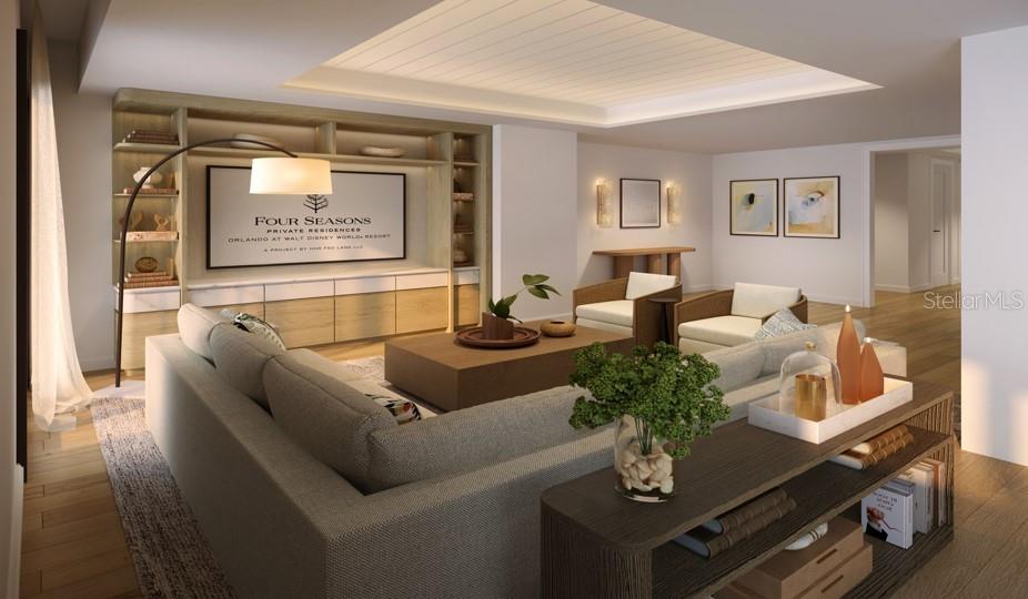 This is a rendering of a modern living room featuring a large sectional, media wall, and built-in shelving — 10160 AUTUMN MIST LANE UNIT 205, ORLANDO, FL